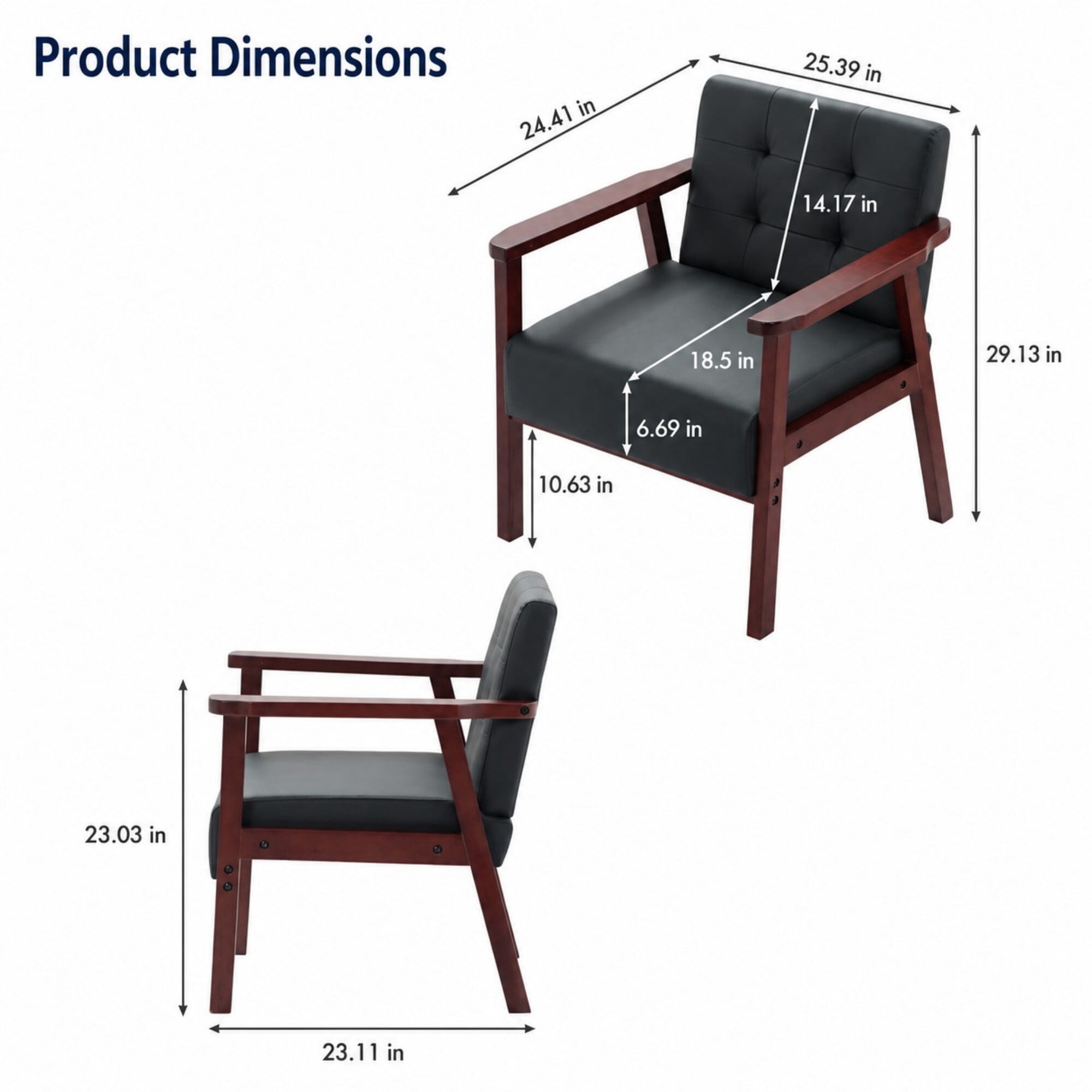 DEALTOPS Wood Accent Armchair, PU Upholstered Tufted Chair for Living Room Bedroom Office, Black