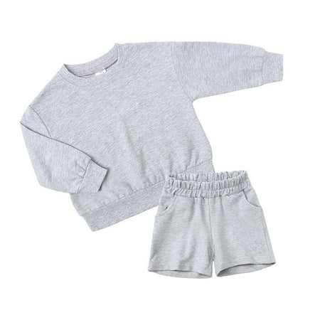 

Geire Children Unisex Sport Outfits 2PC Set Fall Winter Wear Simple Solid Long-sleeved Hoodless Sweatershirt Top & Elastic Waist Pocket Shorts Casual Set Aged 1-14 Years