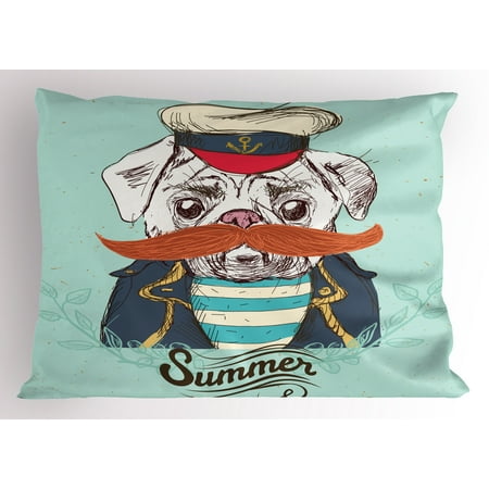 - Pug Pillow Sham Captain Dog with Hat Mustache Jacket and Shirt Cute Animal Funny Image, Decorative Standard Size Printed Pillowcase, 26 X 20 Inches, Navy Blue Pale Blue Orange, by Ambesonne