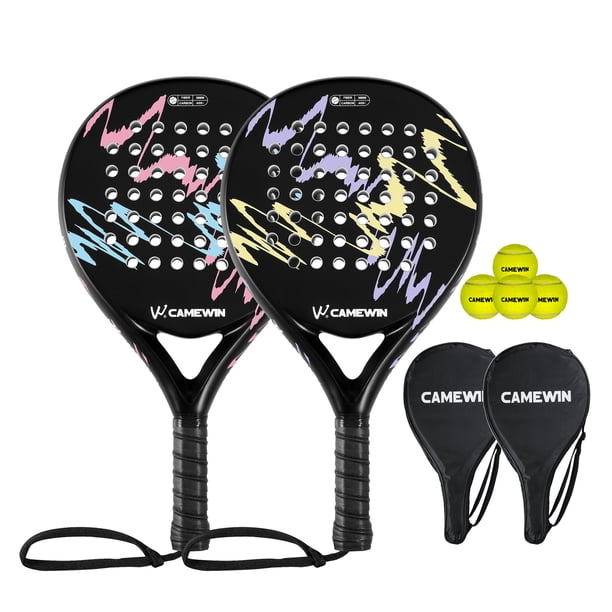 CAMEWIN 2 Palas de Pádel con Fundas, 2 Raquetas y 4 Pelotas,Kit de Raquetas para Pádel Fabricadas 100% Fibra de Carbono y Núcleo de Espuma Flexible de Memoria EVA, para Principiantes e Intermedios