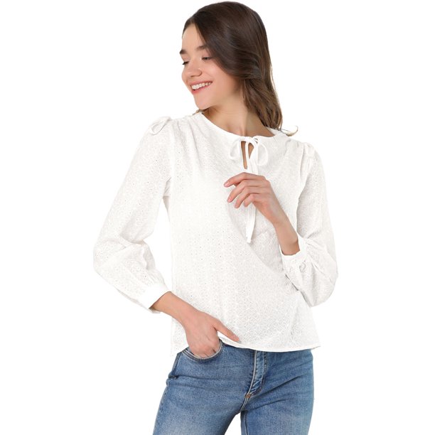 INSPIRE CHIC Blusa Floral Texturizado Cuello Redondo Lazo De Hombro Manga Larga Pu?os Ajustables Top De Primavera Para Mujer Blanco XS