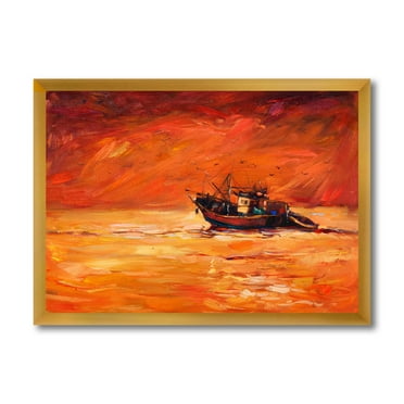 Designart 'Fishing Boat During Red Evening Glow' Nautical & Coastal Framed Art Print