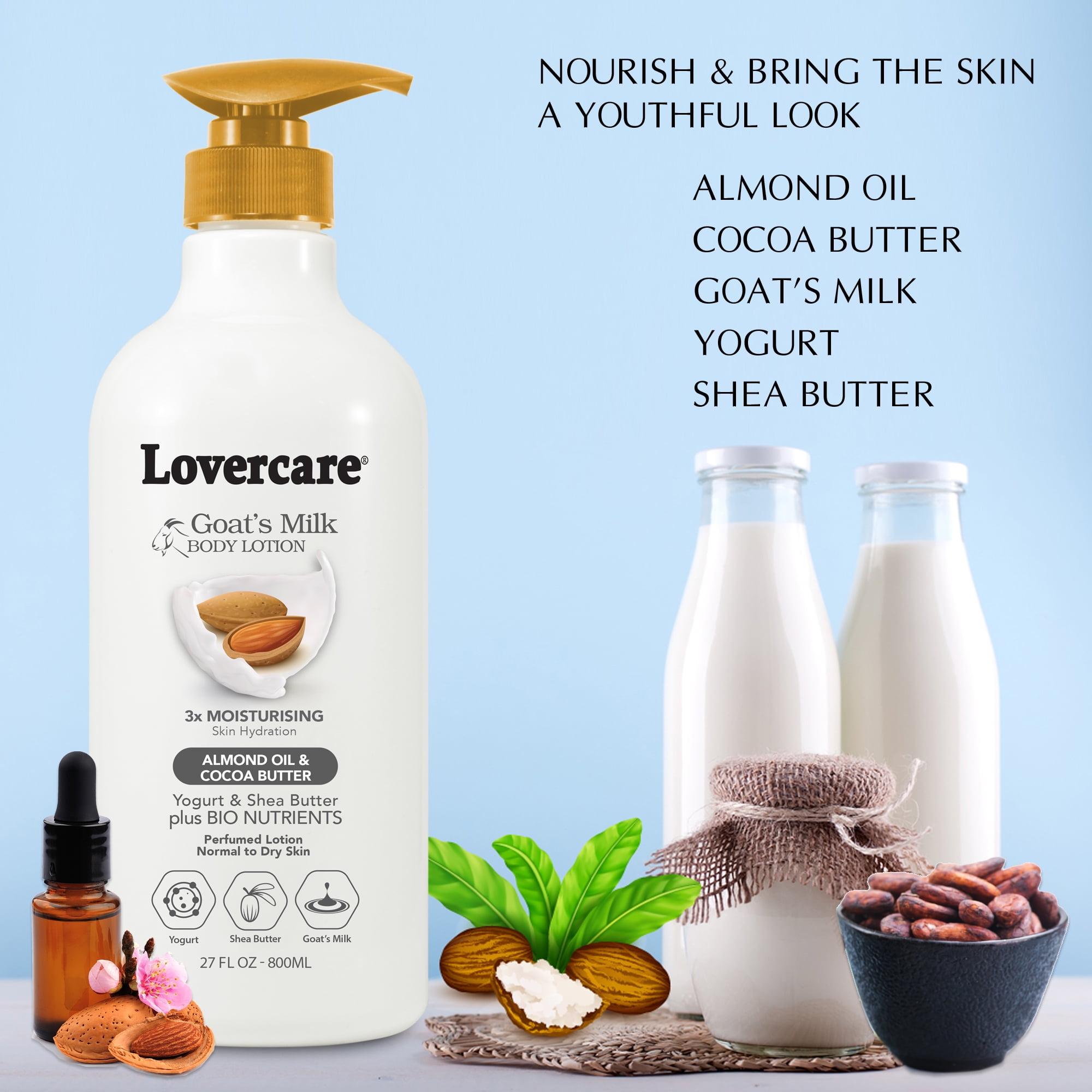 (2 pack) Lovercare Goat Milk Body Lotion for Dry Skin Almond Oil & Cocoa Butter 27.05oz (800ml) - Single…
