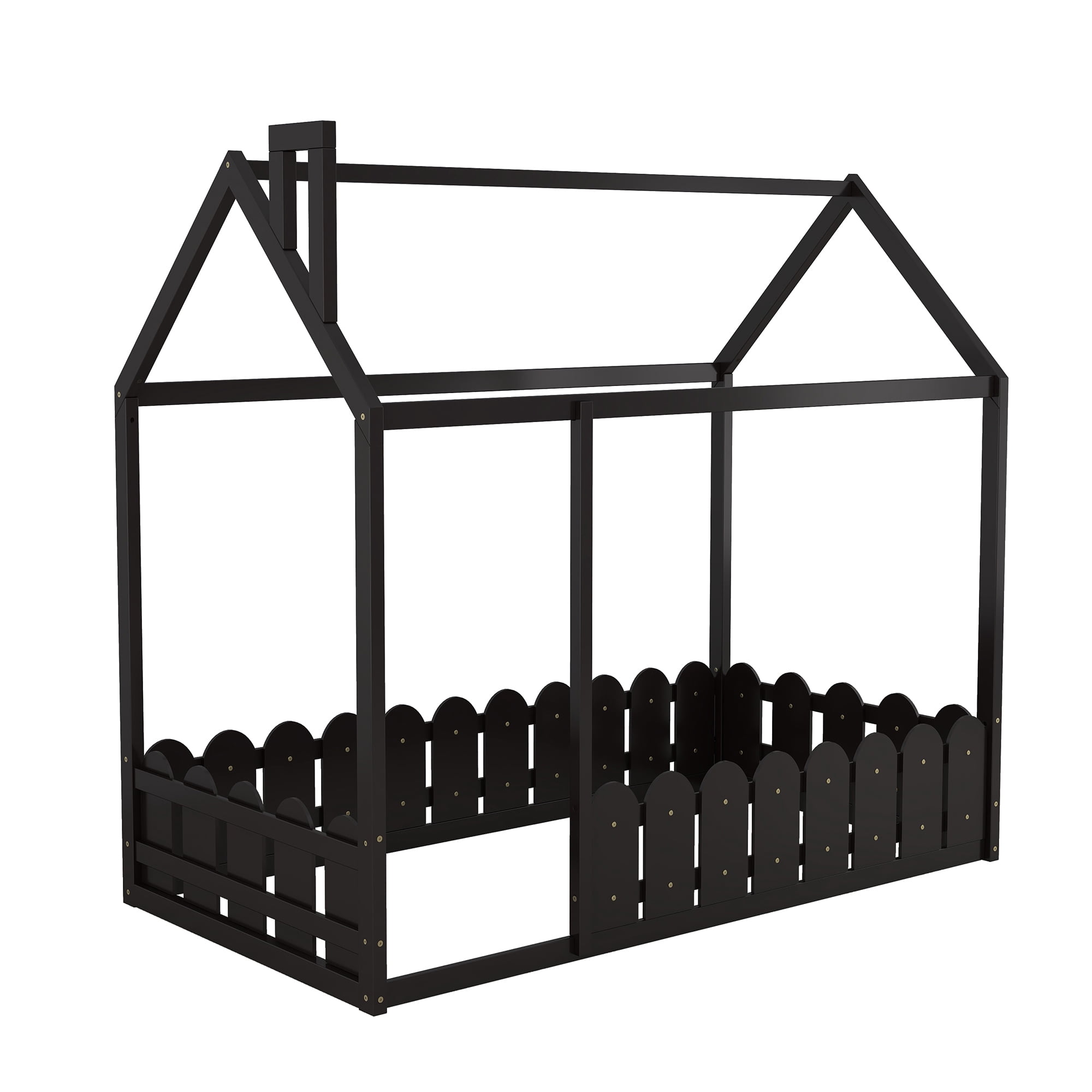 Aukfa House Bed for Kids, Wood Bed Frame with Roof and Fence, Twin Bed, Espresso