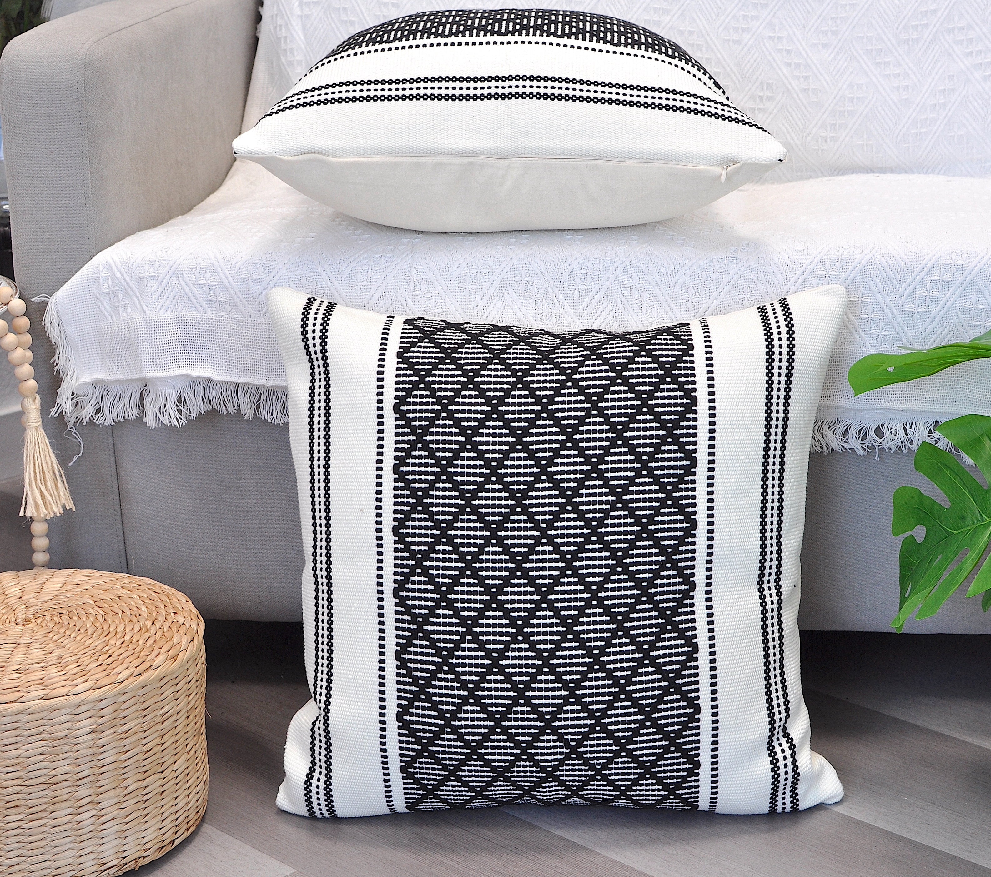 Cotton Woven Designer Throw Pillow Covers, Black and White, 18 x 18 inches | Square Cushion Covers with Geometric Design Set of 2