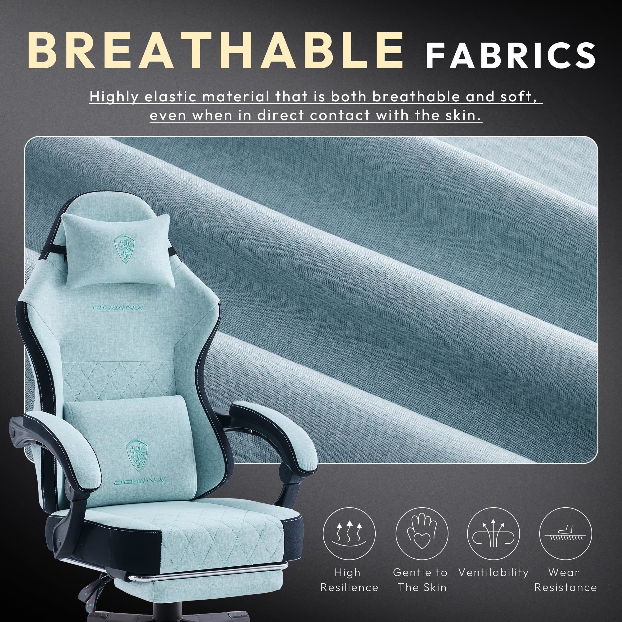 Dowinx Fabric Gaming Chair with Massage Lumbar Support, High Back Ergonomic Computer Chair with Footrest for Adult, Aqua