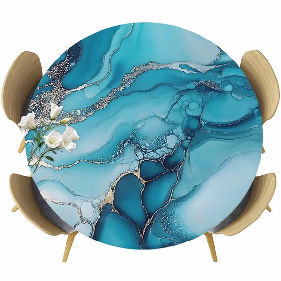 Turquoise Marble Round Tablecloth 45-54 Inch Round Fitted Table Cloth with Elastic Edge, Teal Grey Modern Geometric Waterproof Table Cover Protector for Outdoor Picnic Party Dining