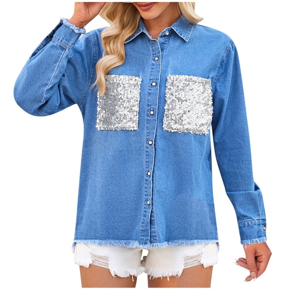 UYISJ Women's Oversized Button down Shirt Sparkle Sequin Shacket with Pocket Denim Long Sleeve Boyfriend Jean Jacket Frayed Hem Coat Blue L
