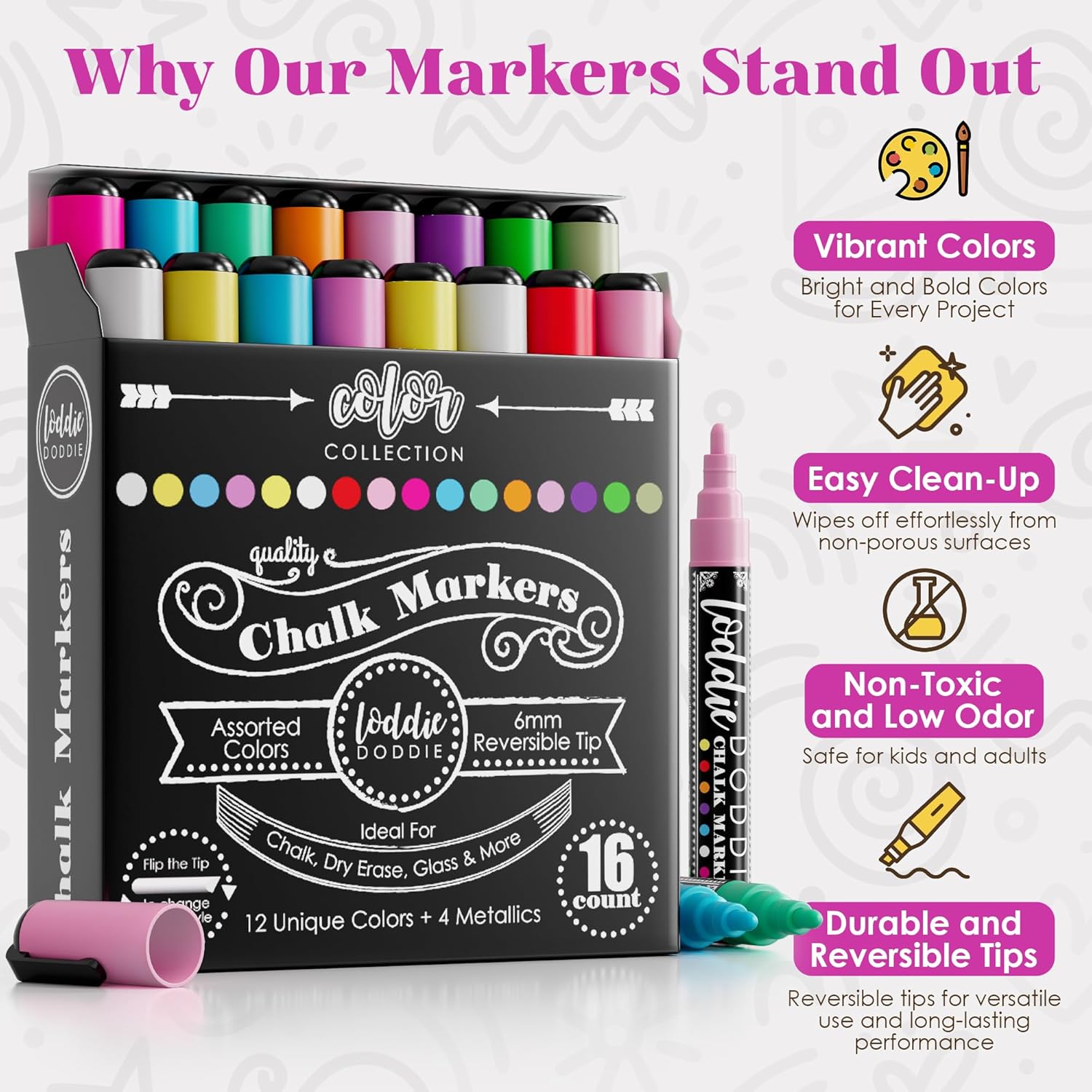 Chalk Markers - Pack of 16, Reversible 6mm Tips - Vibrant Chalkboard Designs with Chalkboard Markers - Easy Erase on Glass & Whiteboards with Dry Erase Pen