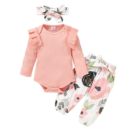 

Kucnuzki 18 Months Baby Girl Fall-Winter Outfits Pants Sets 24 Months Long Sleeve Solid Color Romper Tops Elastic Flower Prints Pants Headband 3PCS Set Pink