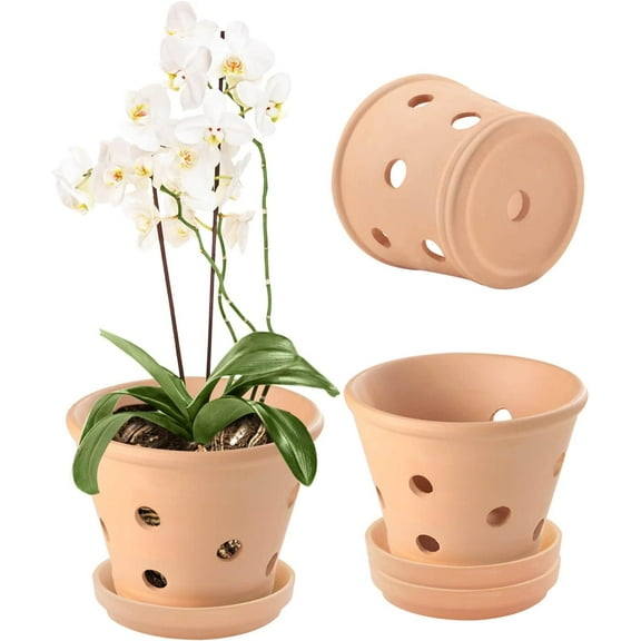 Trianu 3 Pack Terracotta Orchid Pots with Holes and Saucers 5.9 inch Clay Orchid Planter Pots for Repotting, Plant Flower Pots for Orchid Indoor and Outdoor Promotes Air Circulation