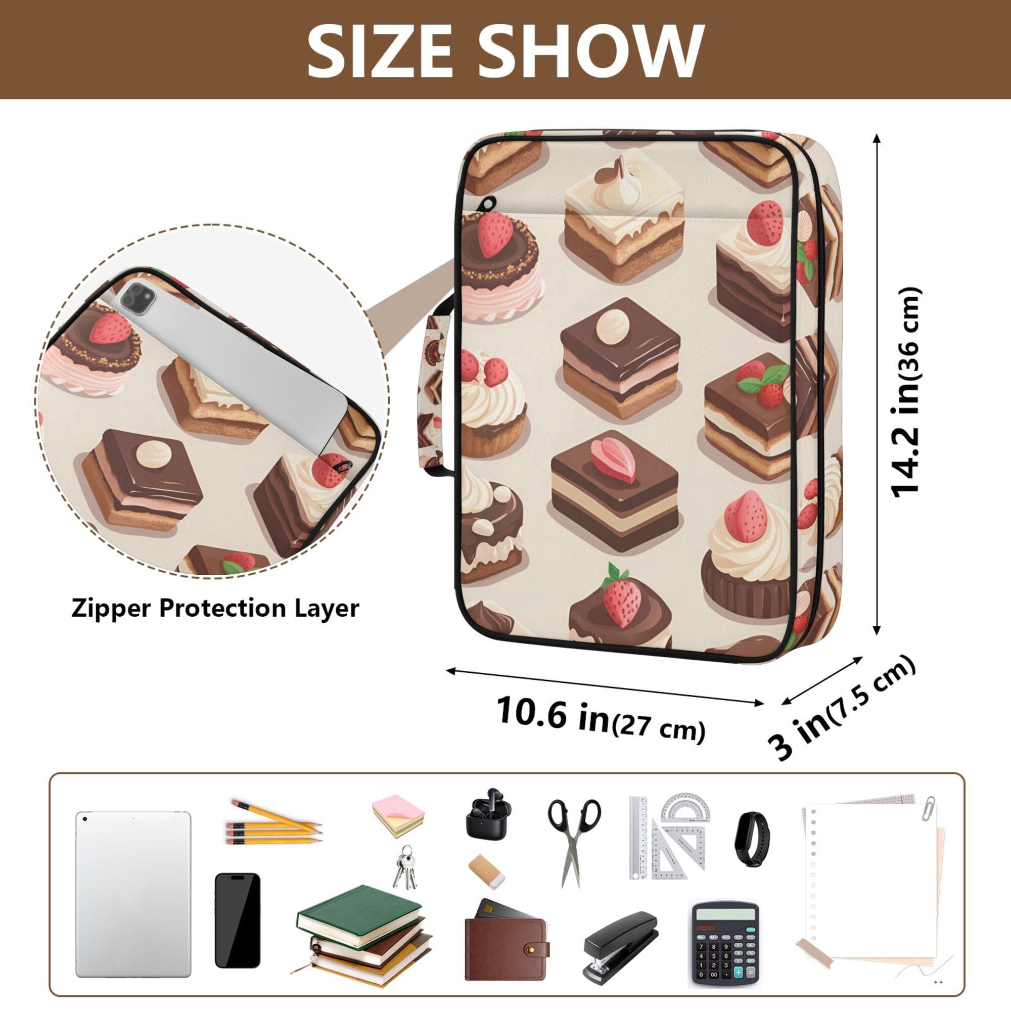 FORMRS Accordion File Folder A4 Size 7-Pocket Expanding Document Organizer Bag with 3 Ring Binder, Cute Chocolate Cakes