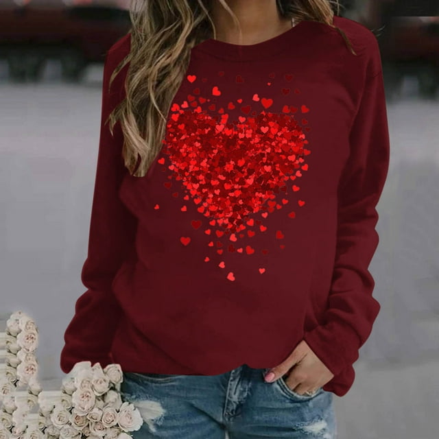 Meichang Chandail en Molleton Joyeuse Saint-Valentin Femmes Amour Graphique Manches Longues Pull Col Rond Cadeaux Saint-Valentin Pull Décontracté Cœurs Chandail en Molleton