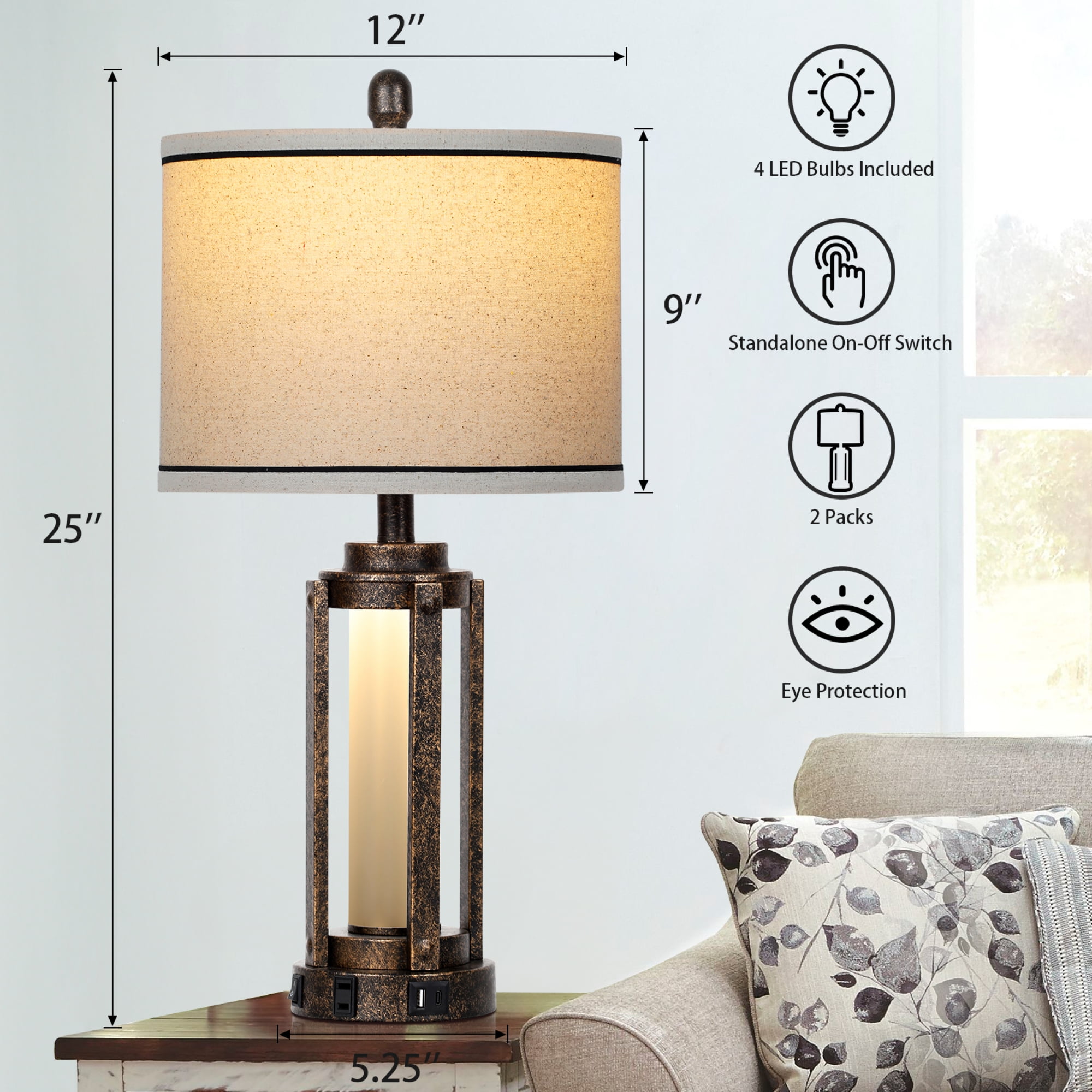 Cinkeda Modern Gold Table Lamp Set of 2 for Living Room Bedroom 25" Bedside Nightstand Lamps with USB A+C Port AC Outlet Nightlight