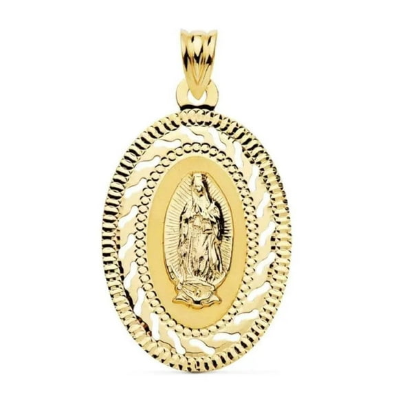 18K Solid Yellow Gold Our Lady of Guadalupe Medal Pendant 30mm.