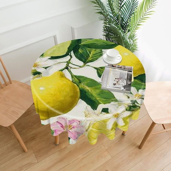 RKSupls 60 Inch Round Tablecloth, Lemons Flowers Pattern Premium Polyester Straight Edge Wrinkle Resistant Washable Table Cover for Party Home Dining Decor