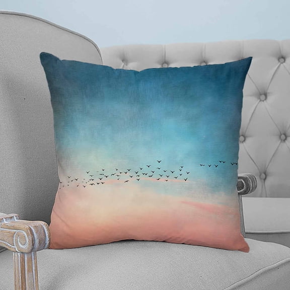 Blue Pink Ombre Sky Decorative Pillowcase 16''x16'', Modern Sunset Glow Bird Silhouette Throw Pillow Covers Soft Cushion Case for Couch Sofa Bedroom Living Room, Pillowcase Boho Decor