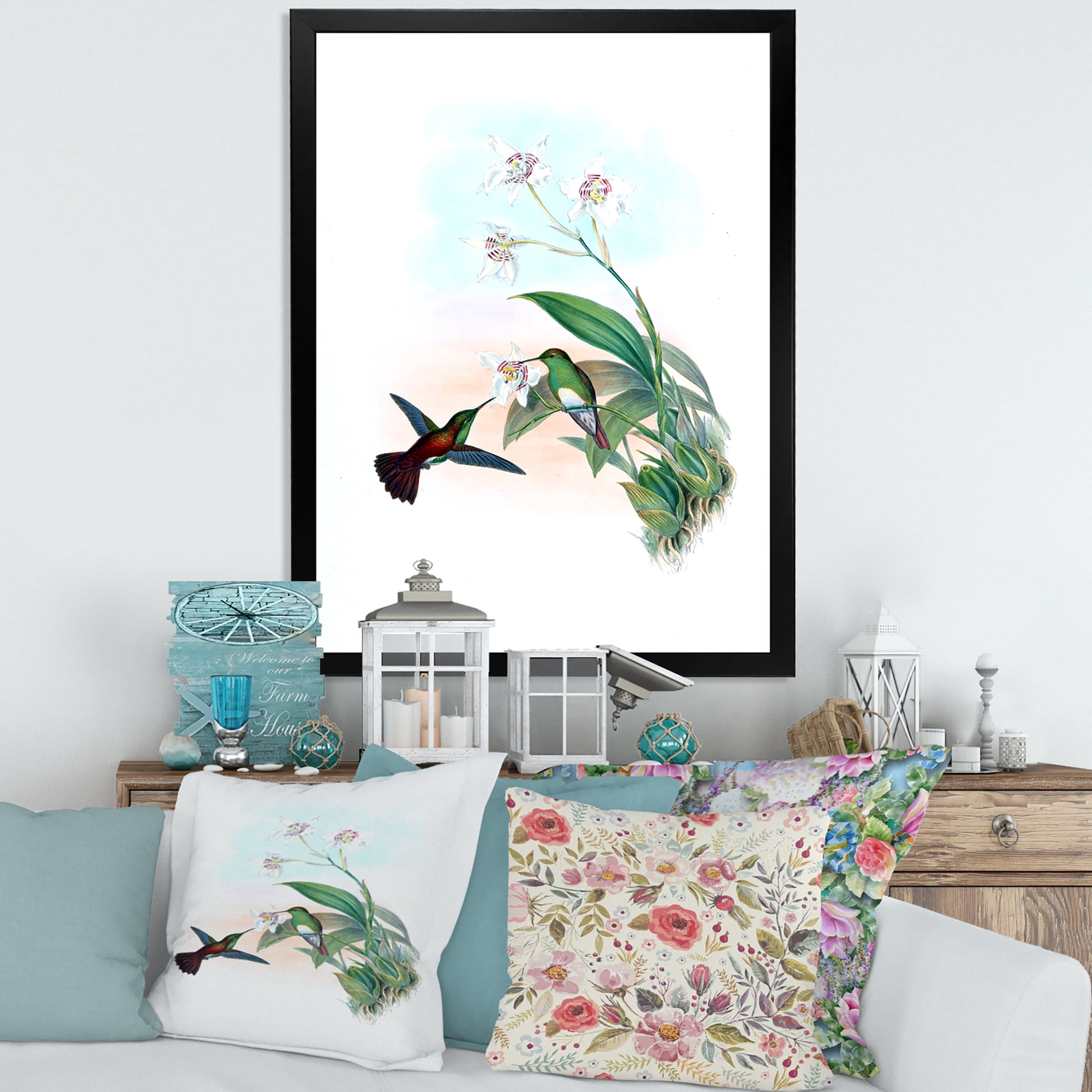 Designart 'Historic Hummingbird Flying To A Flower' Traditional Framed Art Print