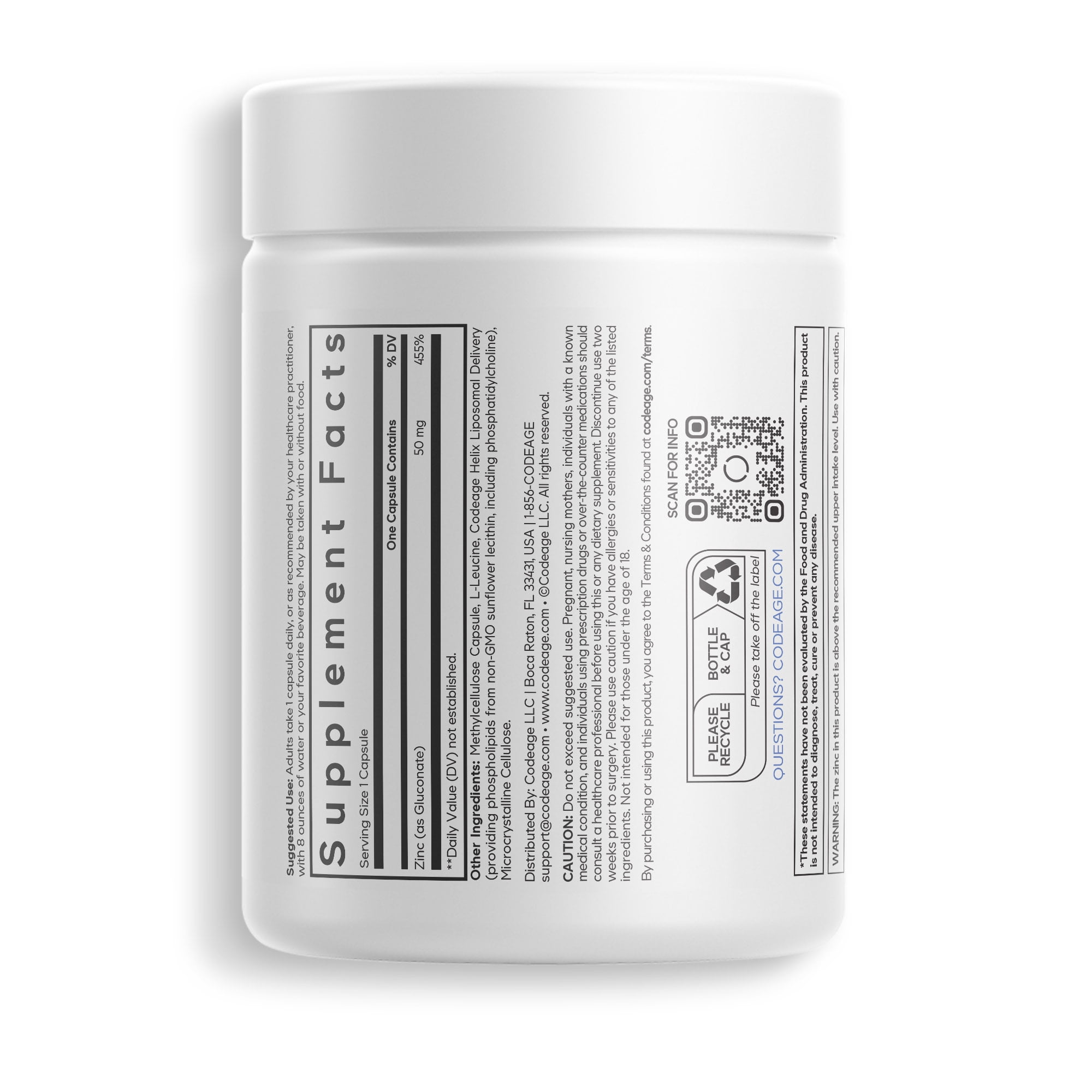 Codeage Liposomal Zinc, 3-Month + Supply, Zinc Gluconate Essential Mineral Vegan Supplement, Non-GMO, 100 ct
