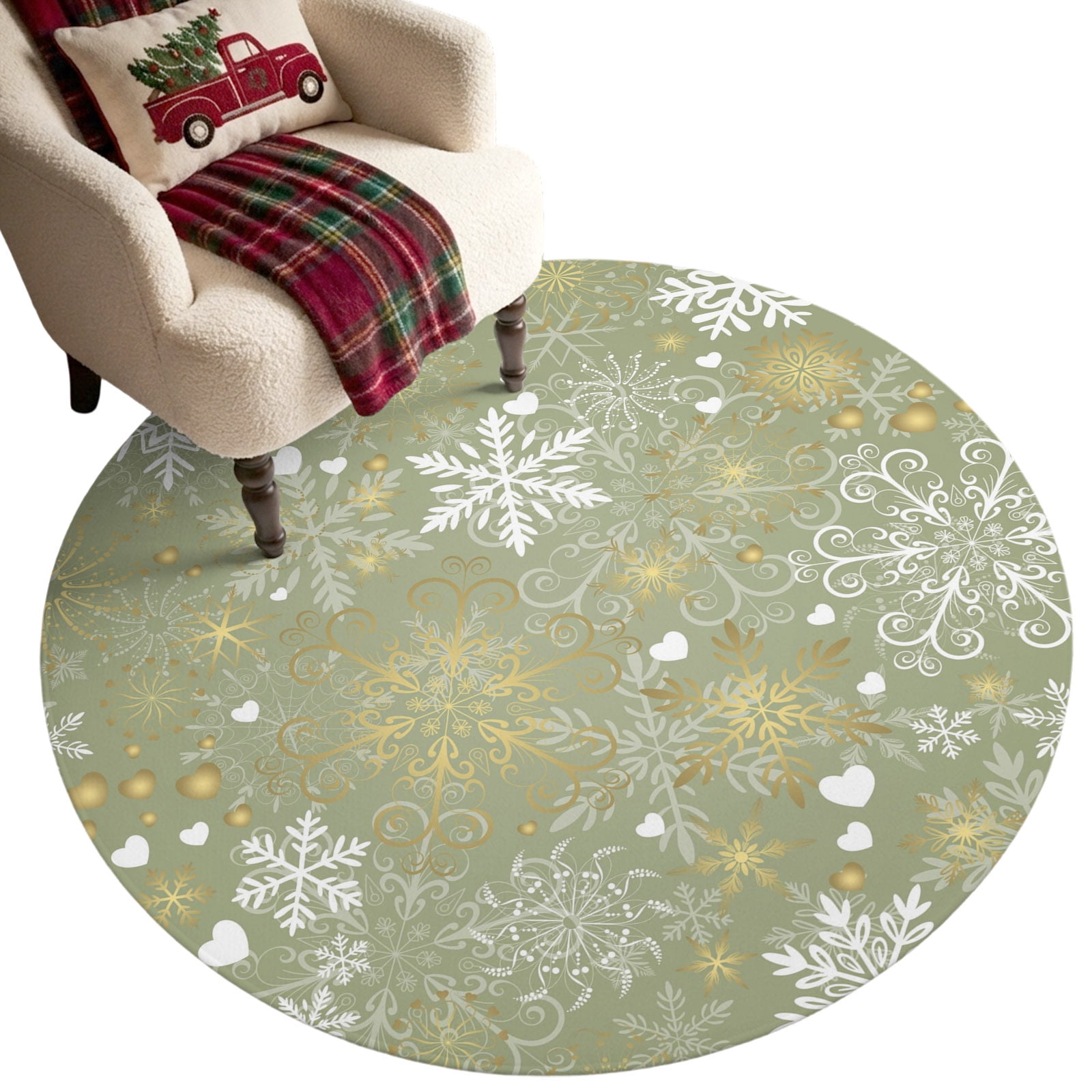 Round Area Rug - 5ft Christmas Snow Abstract Geometric Non Slip Washable Circle Carpet Soft Large Floor Rugs for Living Room Bedroom Nursery Office