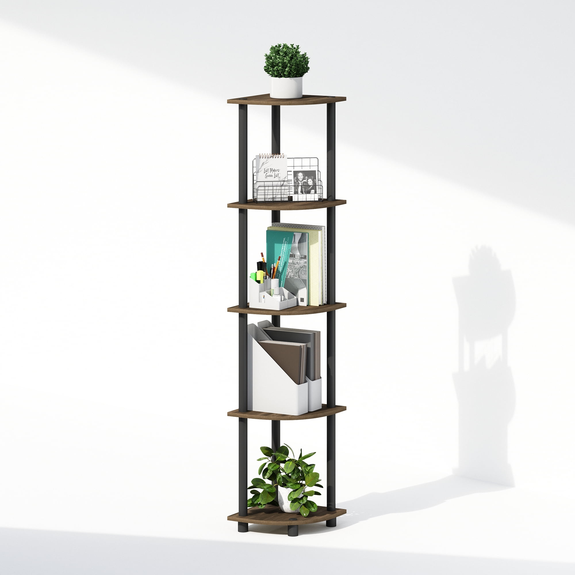 Furinno Turn-N-Tube 5 Tier Corner Bookcase, Particle Board Columbia Walnut/Black, 9 lb