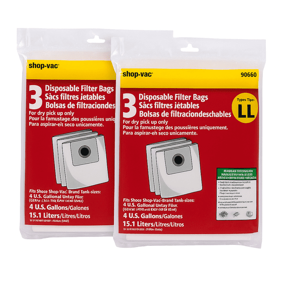 Replacement Part For Shop Vac 4 Gallon All Around Ez Type-LL Vacuum Paper Bags (2Pk 6 Bags) # Compare to Part 90660-00
