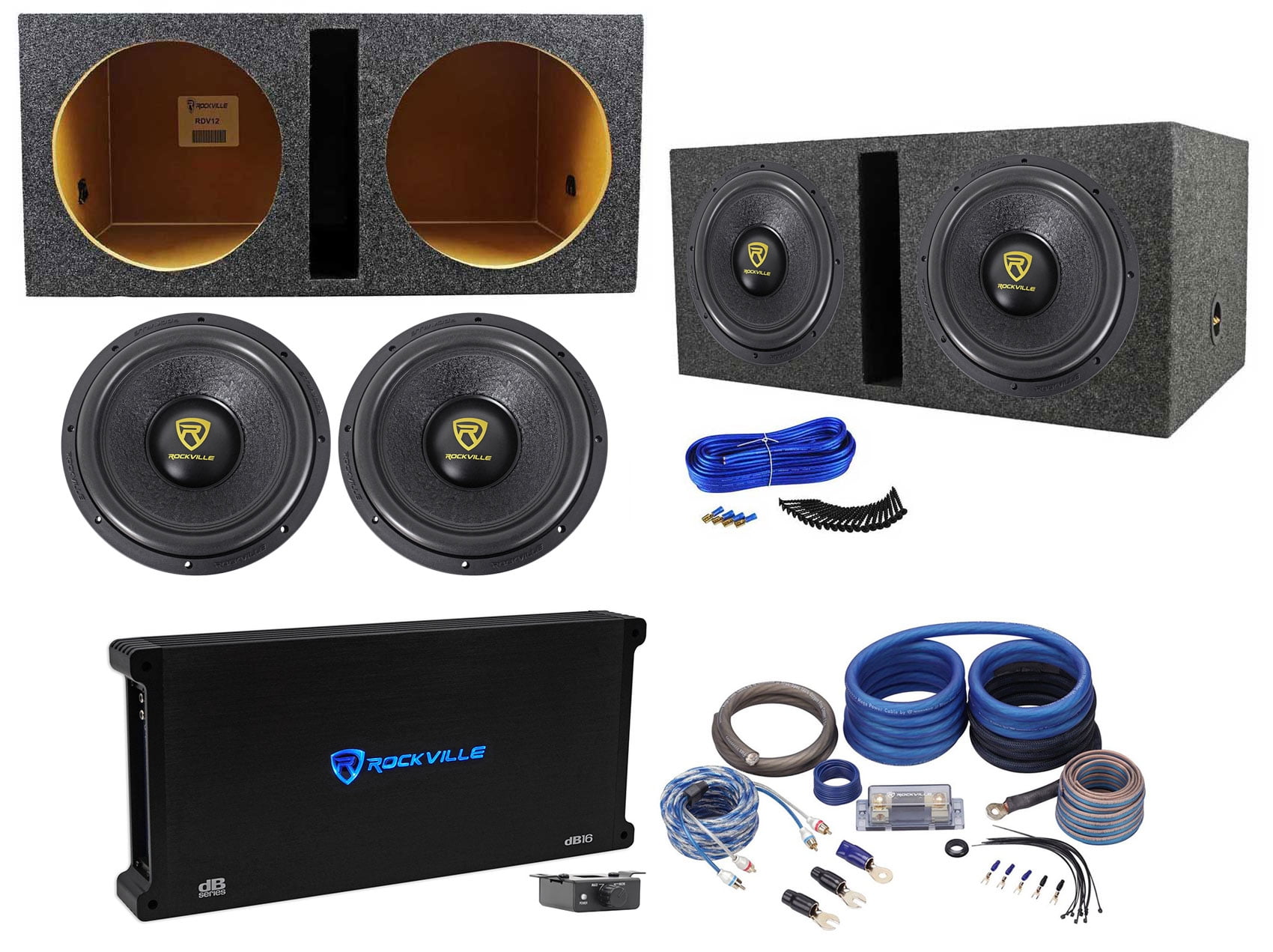 Rockville 12inch Subwoofers with Vented Box, Mono Amplifier, and Amp Kit 8000w Power in