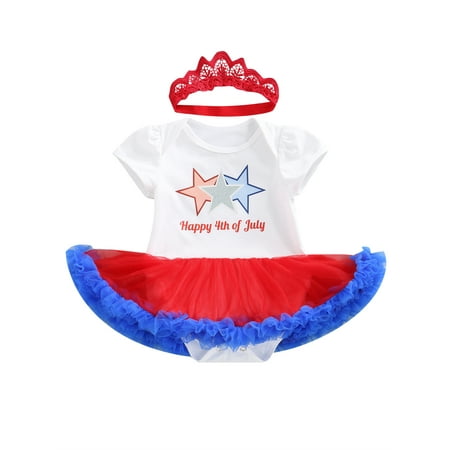 

aturustex Newborn Infant Girls Independence Day Romper Dress Letter Stars Print Short Sleeve Tulle Patchwork Skirt Headbands Outfits Set