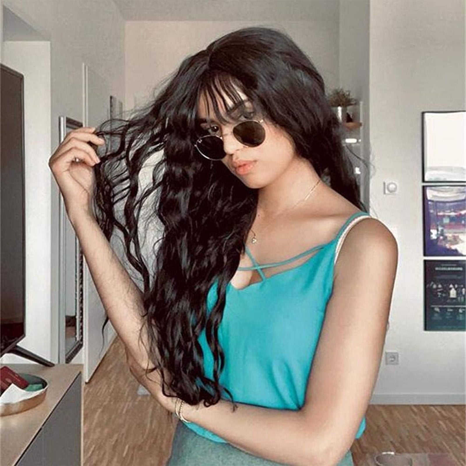 YSGFHGJW Headband Wig Human Hair,Long Curly Wig With Bangs Hair Wig For Women Synthetic Natural Wig Various Colors Available Daily Wear Party And Cosplay Soft Wig,Black