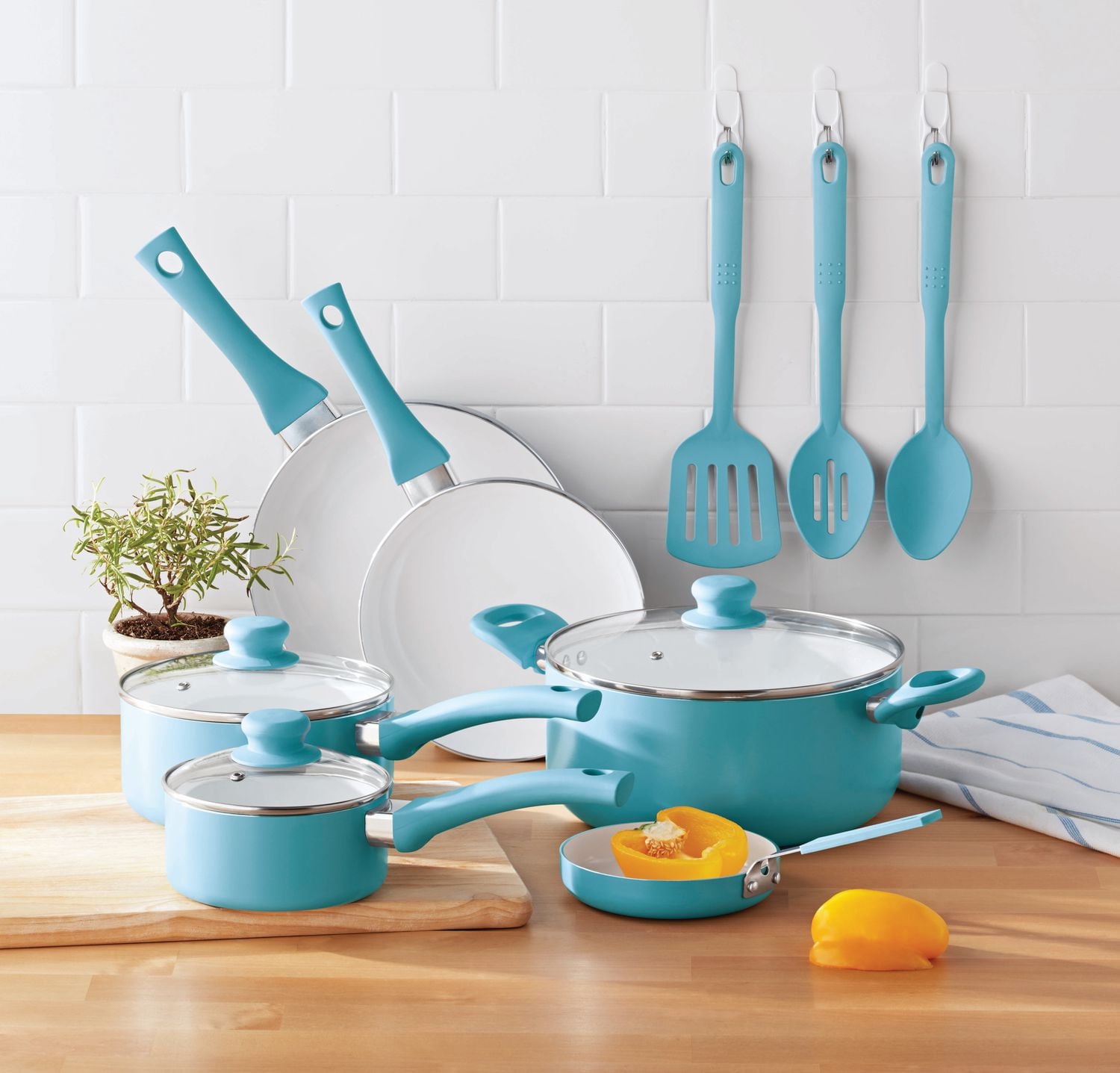 Batterie de cuisine antiadhésive en céramique Mainstays 12 pièces, lin bleu MS CER ENSEMBLE 12PC BLEU