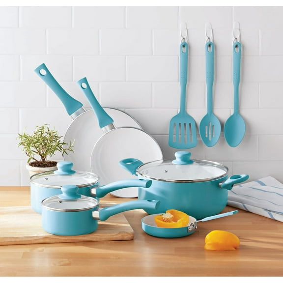 Mainstays Ceramic Nonstick 12 Piece Cookware Set, Blue Linen