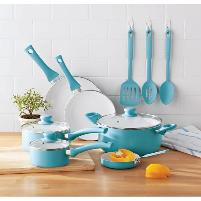 Mainstays Ceramic Nonstick 12 Piece Cookware Set, Blue Linen