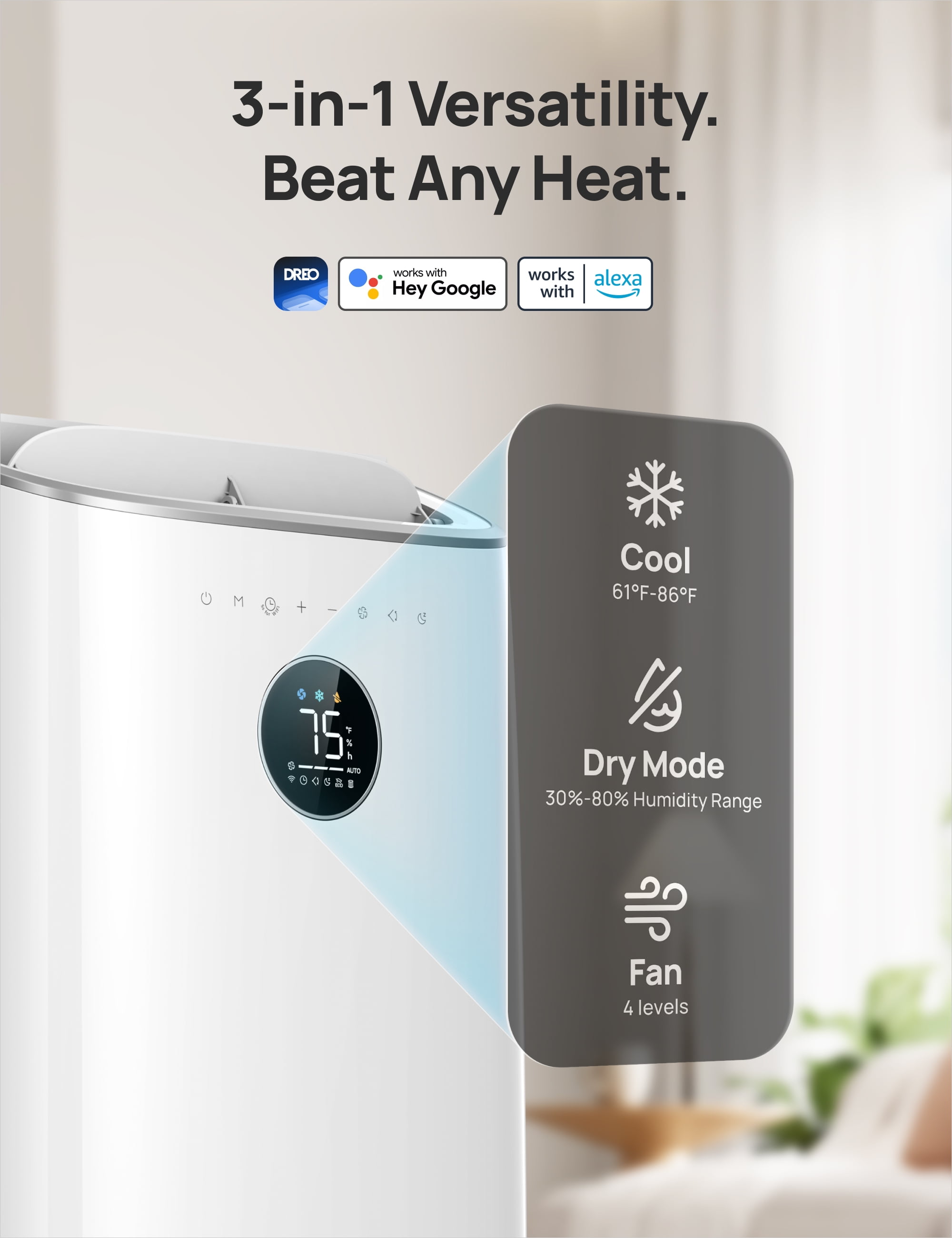 DREO Portable Air Conditioner 319S, 10000 BTU ASHRAE (6000 BTU DOE) Smart AC Unit for Bedroom with Drainage-free Cooling, Fan&Dehumidifier 3 in 1, APP/Voice/Remote, Quiet Standing AC for Room Indoors