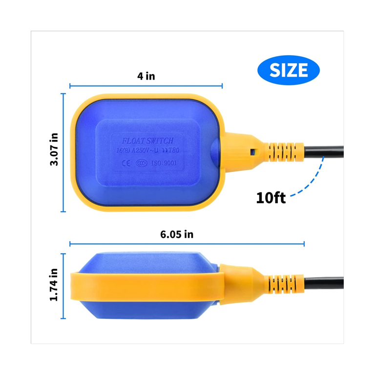 12V Float Switch For Sump Pump - Tethered Water Level Sensor With 10ft Cord, For Tanks, Ponds, Sewage