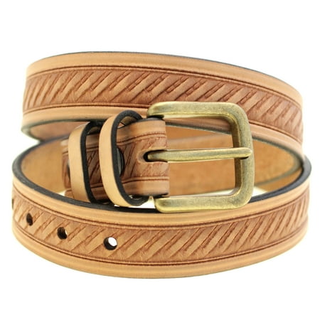 Embossed Brass Buckle - American Made 1 3/8 Natural Tan Harness Leather Embossed Belt Old Brass Buckle