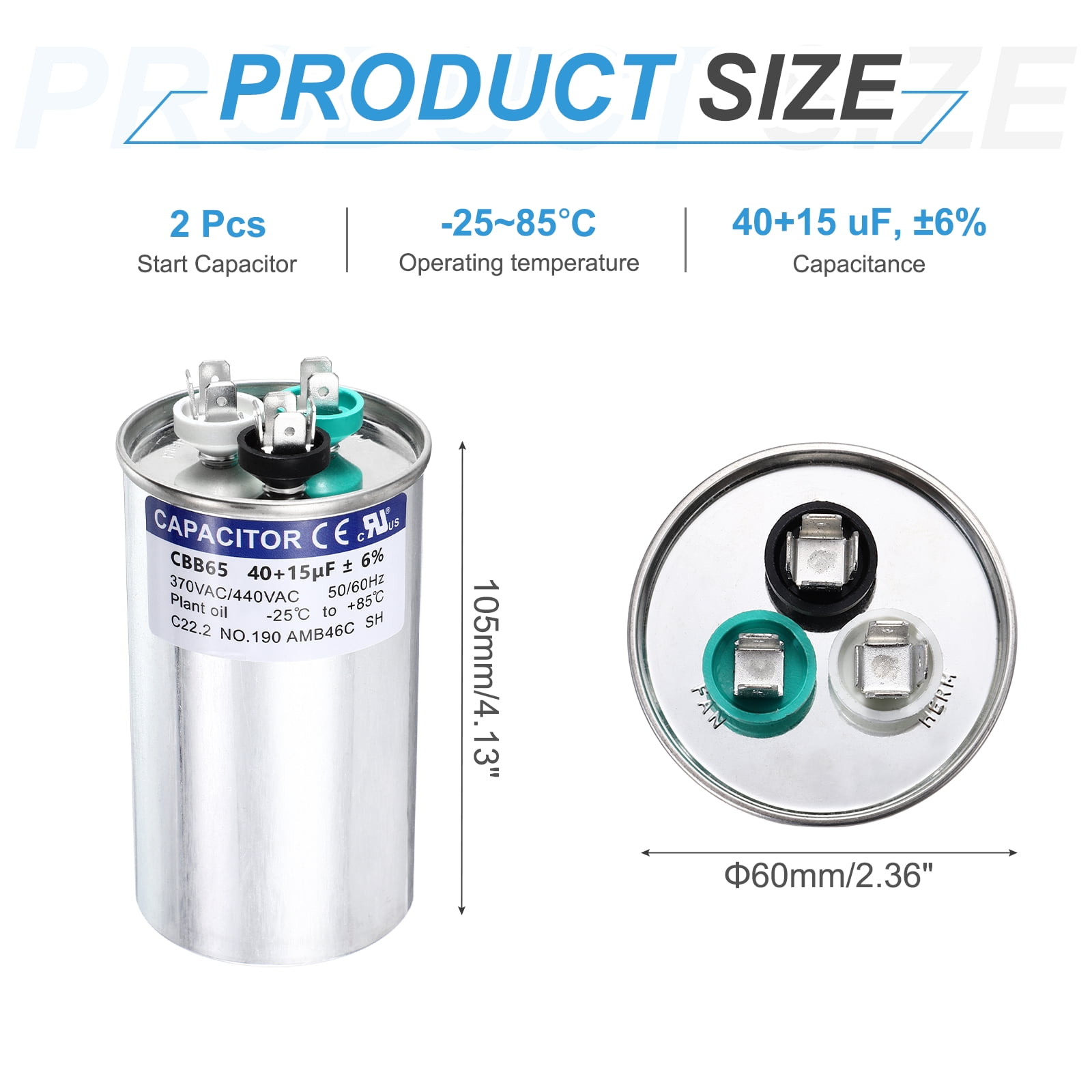 Uxcell 2Pcs 40+15 MFD CBB65 Run Start Capacitor 40+15 uF, 370/440V Round AC Capacitor for AC Motor Run, HVAC, Air Conditioner, Condenser Motors