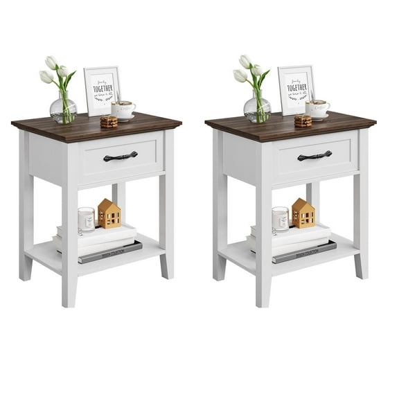 Nightstands Set of 2 with Drawers, White Bedside Tables with 2-Tier Storage Shelf, Pair of End Tables for Bedroom, Living Room, or Dorm