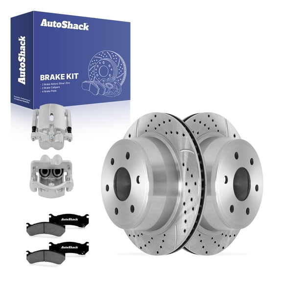 AutoShack Rear Vented Drilled & Slotted Silver Zinc Coated Brake Rotors   Premium Ceramic Pads   Calipers 8-PC Brake Kit Replacement for 2003 GMC Sierra 2500 SilverShield Pro 12.8" (325 mm)