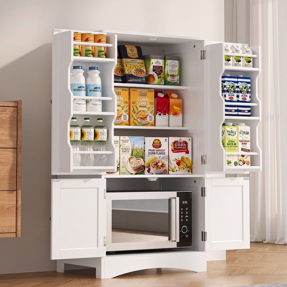 Pantry Storage Cabinet, Asofer 43" kitchen Storage Cupboard w/ Microwave Stand & 4 Doors, 8 Shelves for Dining Room - White