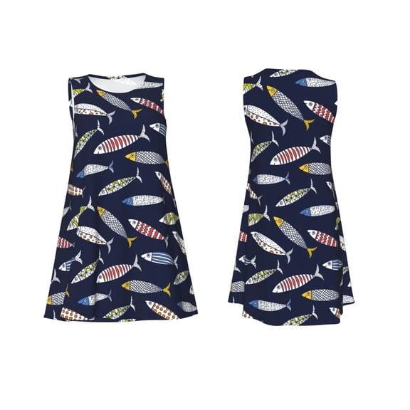 Horeoi Sardine Print Women's Sleeveless Dress Cotton-like Flared Hem Deep Side Pockets Above-Knee