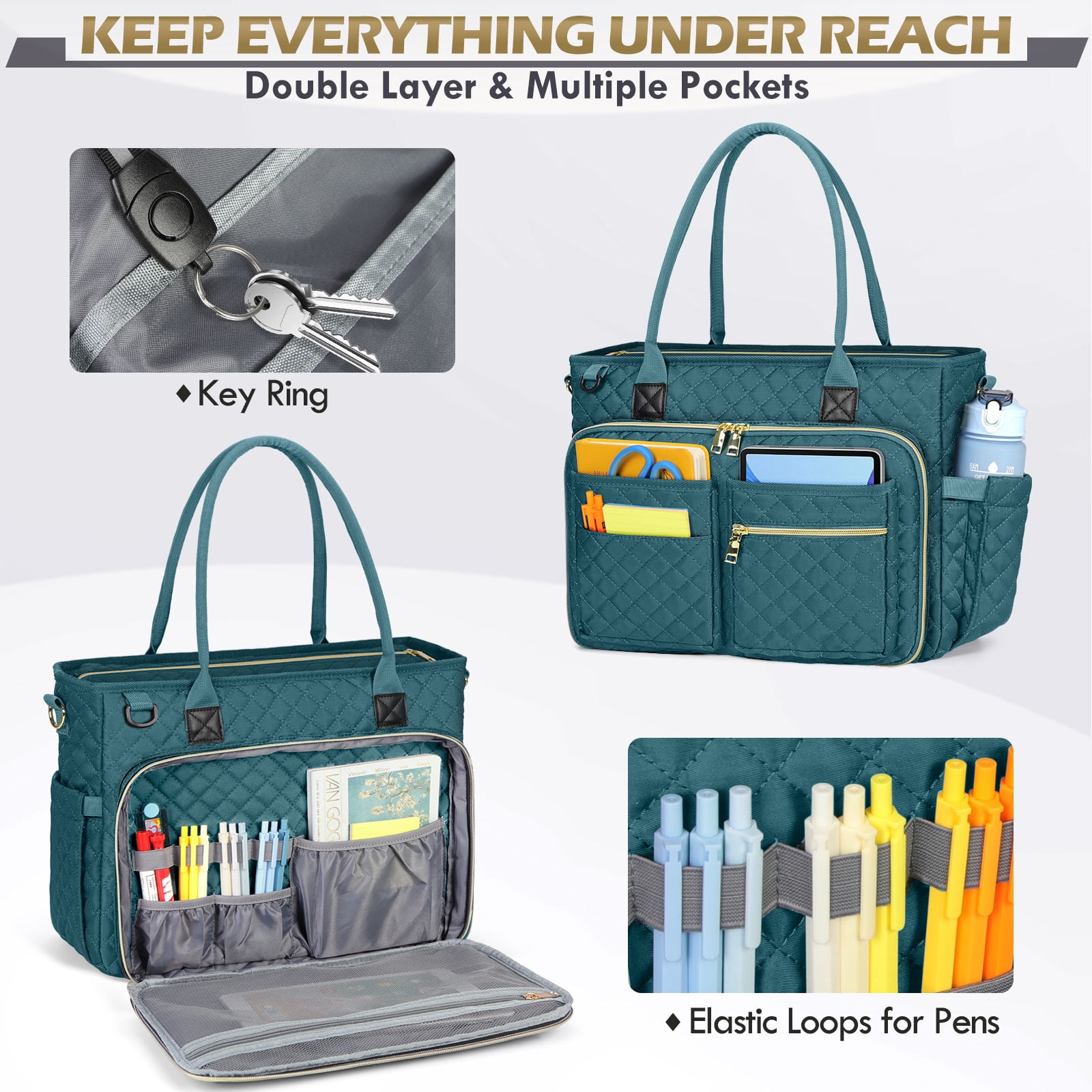 RAINSMORE Teacher Tote Bag 15.6 inch Laptop Bag for Women Work Bags Laptop Tote Nurse Bag Professional Computer Messenger with Insulated Pocket, Laptop Briefcase for Office, College, Nursing