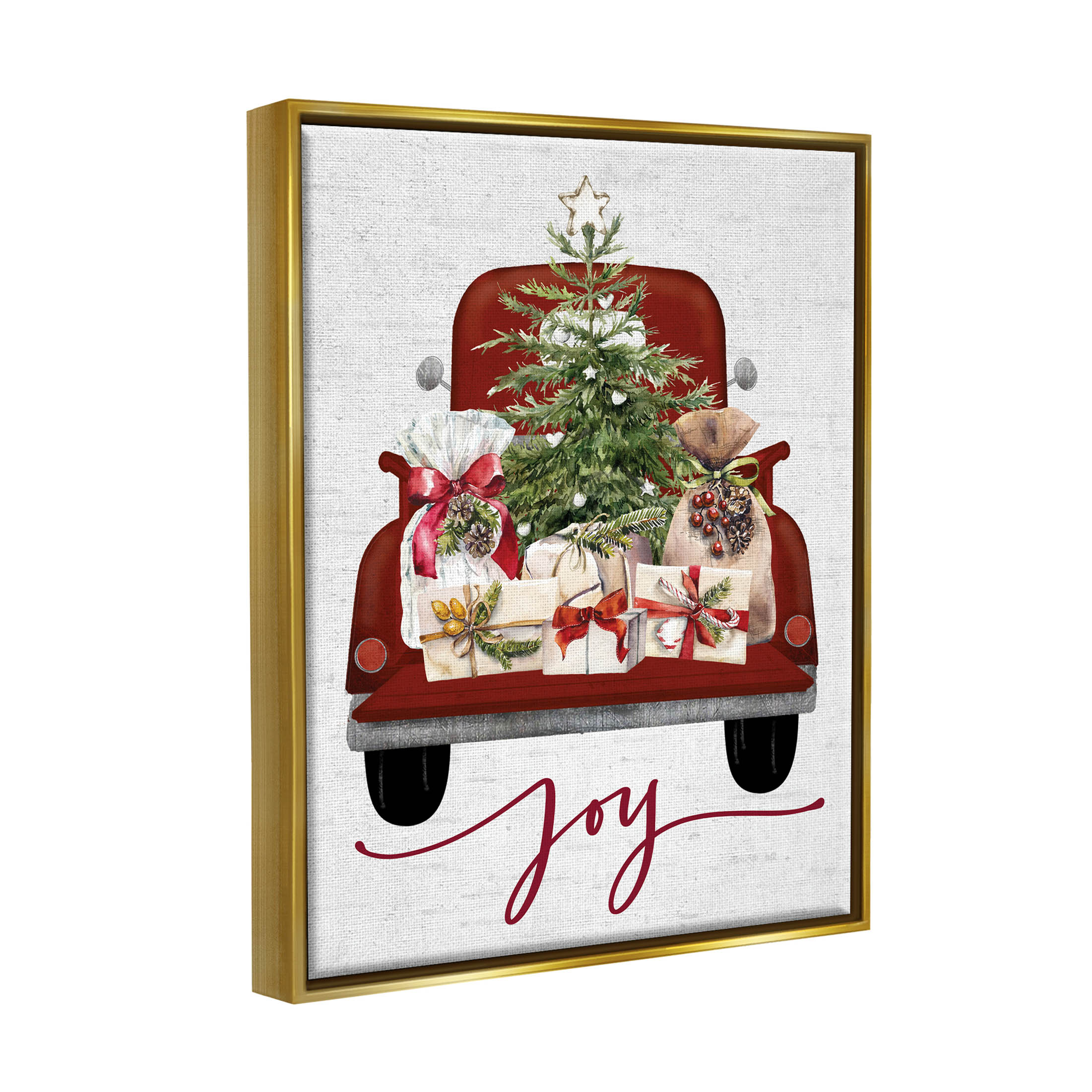 Stupell Industries Joy Holiday Red Gift Truck Graphic Art Metallic Gold Floating Framed Canvas Print Wall Art, Design by Lettered and Lined