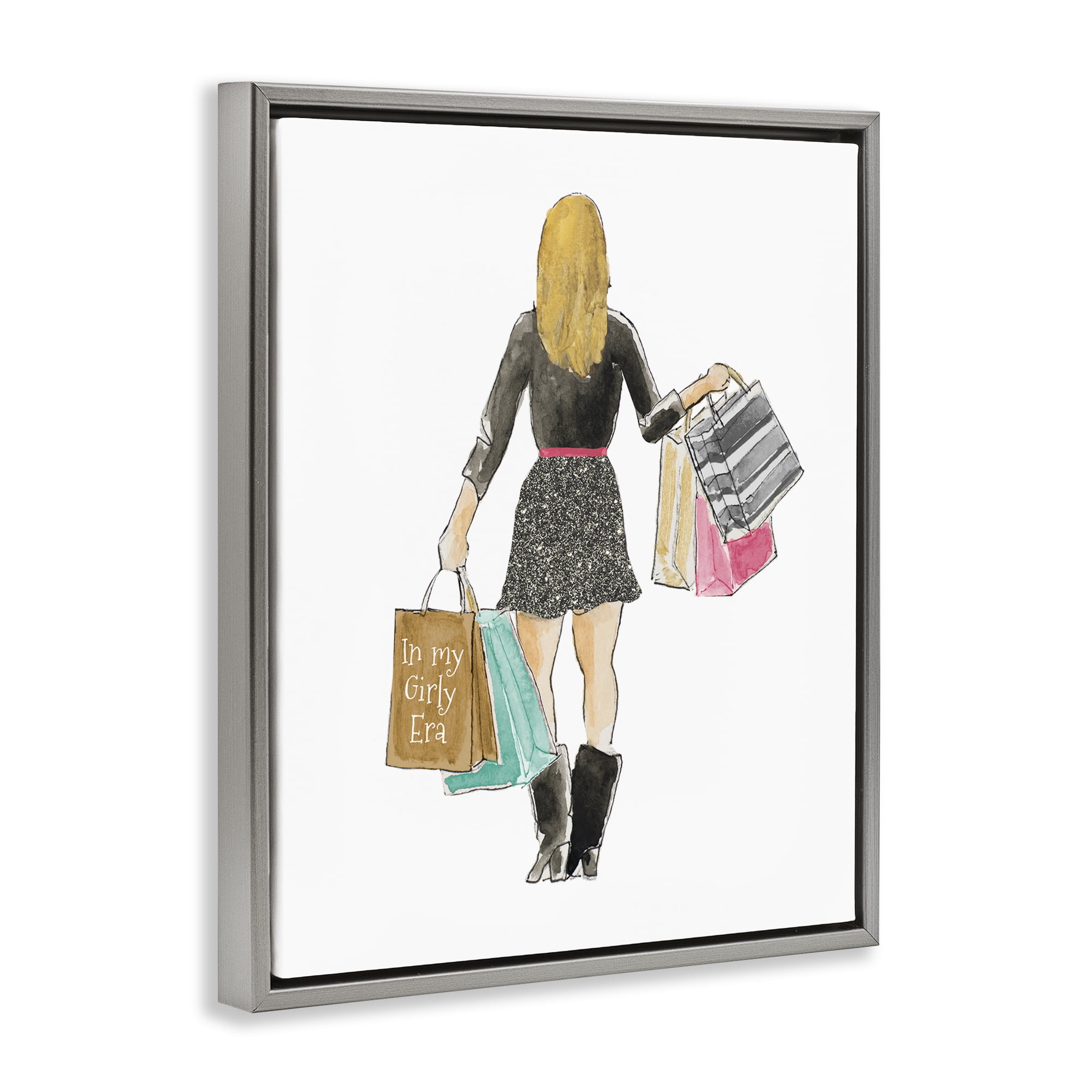 Stupell Industries Girl With Shopping Bags Gray Framed Floater Canvas Wall Art, design by Lanie Loreth