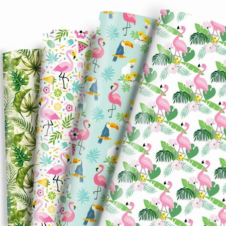 Dtiafu Flamingo Wrapping PresNok Paper - Tropical Wrapping Paper for Baby Shower Summer Wedding - Flamingo Watermelon Leaves Hawaii Style Gift Wrap in Pink Green - 20 X 28inch Per Sheet(8
