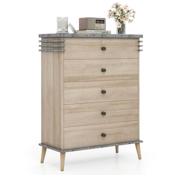 Costway 5-Drawer Dresser Farmhouse Chest of Drawers with Rubber Wood Legs Anti-tipping Kit