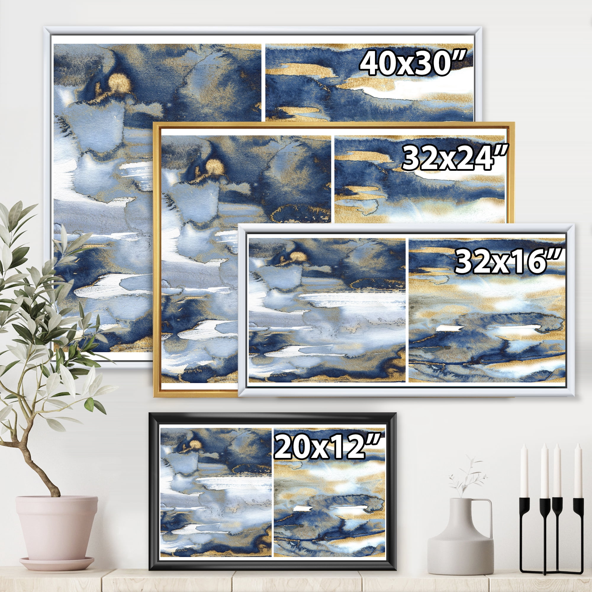 Designart 'Gold and Dark Blue Abstract II' Modern Framed Canvas Wall Art Print