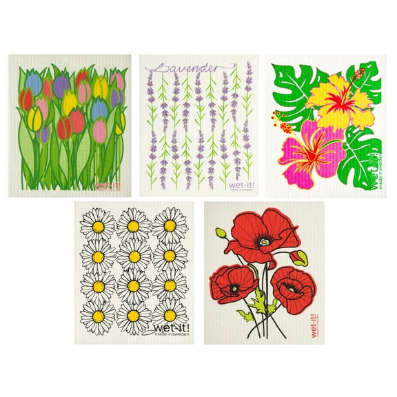 Wet-It! Swedish Treasures Dishcloth & Cleaning Cloth - 5 Pack Set Flowers Series: Tulips, Lavender, Hibiscus, Daisies & Poppies - (Paper Towel Replacement)