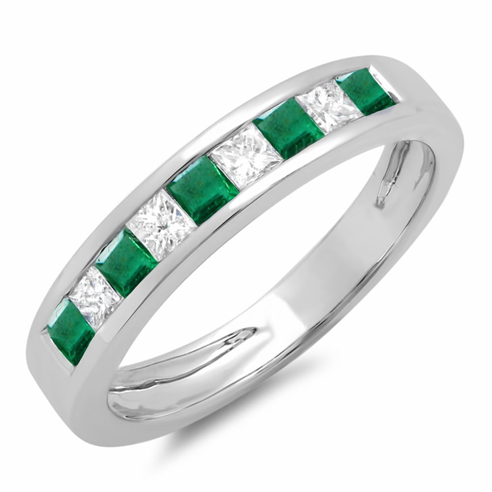 EcoLuci 10K White Gold Princess Emerald & White Diamond Ladies