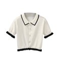 thumbnail image 1 of Camisa de punto para mujer, manga corta, botón, top casual de verano, prendas de punto, blanco sidaley AP001466-01B, 1 of 7