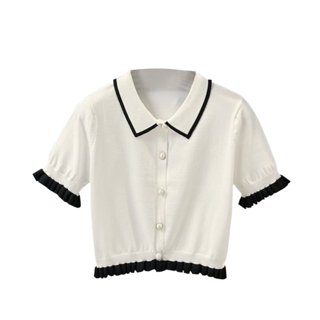 Camisa de punto para mujer, manga corta, botón, top casual de verano, prendas de punto, blanco sidaley AP001466-01B